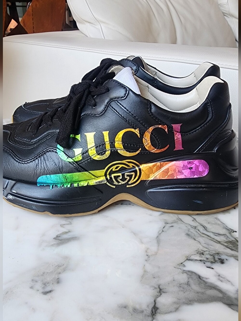 Gucci Rhyton Women's Black Leather Sneakers with Rainbow Logo Graphic Size 7.5 - Picture 7 of 13